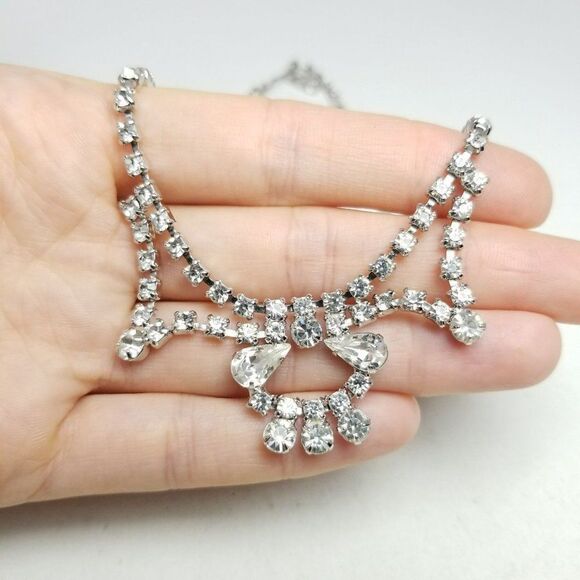 Vintage Retro Rhinestone Collar Necklace, Fancy Design, 50s 60s Sparkle, Estate - Picture 1 of 7